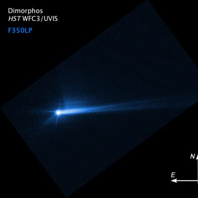 Sininen valopiste. Pölystä muodostunut kaksoispyrstö lähtee kuvassa asteroideista oikealle, joka on samalla suunta Auringosta poispäin. 