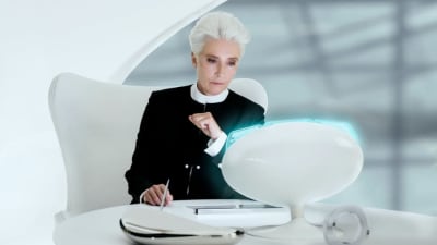 Agent O (Emma Thompson) sitter framför en dator och ser fundersam ut.