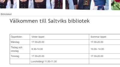 En skärmdump som visar öppettiderna för ett bibliotek inne i en tabell.