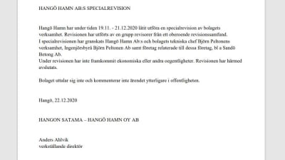 Ett pressmeddelande som konstaterar att en inga oegentligheter framkom vid en specialrevision vid Hangö hamn Ab hösten 2020.
