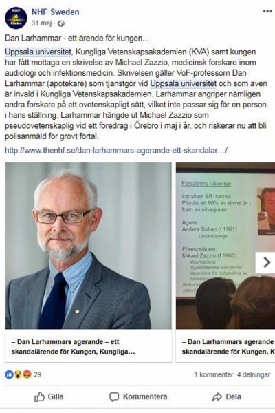 "Dan Larhammar riskerar att bli polisanmäld för grovt förtal" hävdar föreningen NHF Swedens Facebookinlägg.