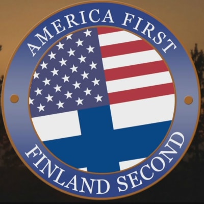 USA:s och Finlands flaggor med texten America first, Finland second.