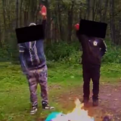 Till vänster två nynazister som heilar o bränner regnbågsflagga, till höger vapen och ammunition som beslagtagits. 