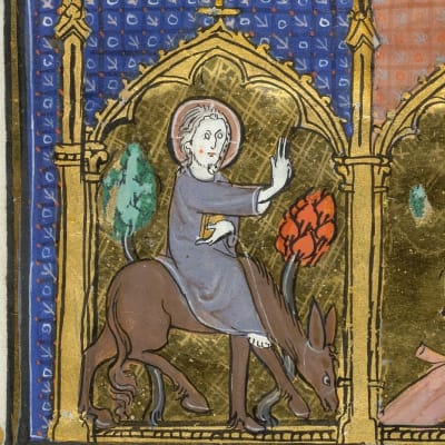 Detail of the upper section of the miniature, with scenes of the Entry of Jesus into Jerusalem [Palm Sunday]. Image taken from f. 17v of Psalter and Hours, Use of Arras. Written in Latin, with some French.