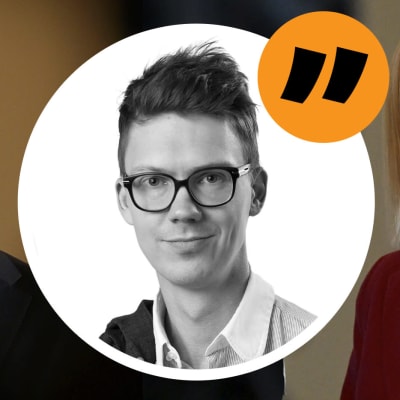 Bildmontage. Bild på Samlingspartiets Petteri Orpo, Sannfinländarnas Riikka Purra samt en svartvit bild på redaktör Magnus Swanljung och ett citattecken.