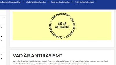 Skärmdump av webbplats med en Jag är antirasist-logotyp.