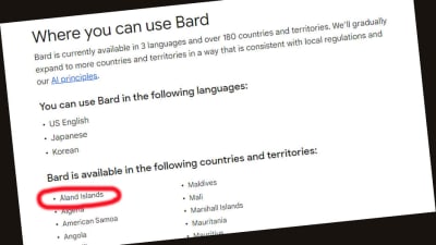 Skärmdump på Googles webbplats. Här framkommer att Bard skulle vara tillgänglig på Åland.