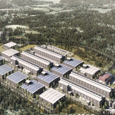 Ett digitalt ritat fabriksområde sett uppifrån.