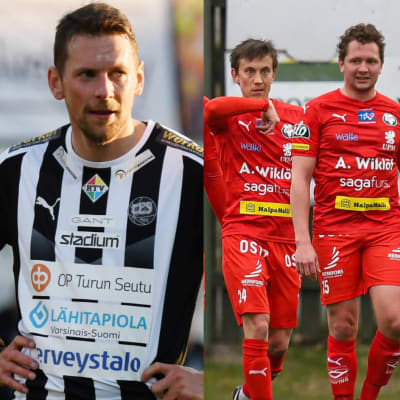 Collage på Kapser Hämäläinen (TPS), Joni Remesaho och Markus Kronholm (Jaro), Oskari Sallinen (EIF), Adam Vidjeskog (KPV) samt Pargas IF-spelare.