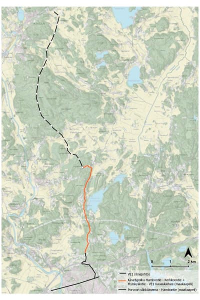 En kartskiss föreställande området mellan Borgå och Askola. Svarta och röda linjer visar var ellinjen ska gå, genom Kerko och upp till Askola.