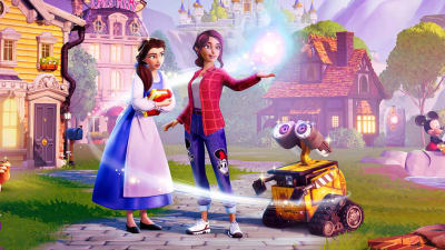 Disneyfigurerma Belle, Wall-e och Mickey Mus tillsammans med en tjej som har ett svävande klot ovanför handen. 