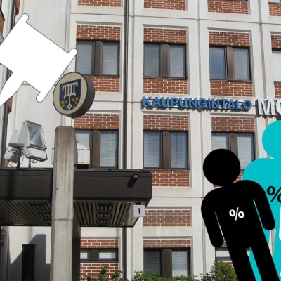 Ett bildcollage av en byggnad och ovanpå det en grafisk bild av en ordförandeklubba samt grafiska personfigurer med procenttecken på sina magar.