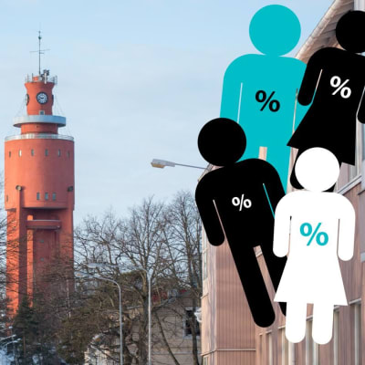 Ett bildcollage med en bild av ett vattentorn och ovanpå det en grafisk bild av en ordförandeklubba samt grafiska personfigurer med procenttecken på sina magar.