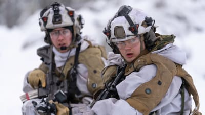 Norska försvaret övar. Två soldater med gevär.