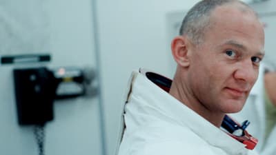 Astronauten Buzz Aldrin i närbild.