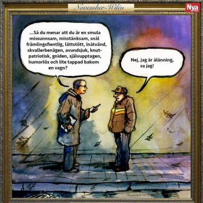 En satirteckning om ålänningar av bildkonstnären Jonas Wilén. Två män står mot varandra på gatan