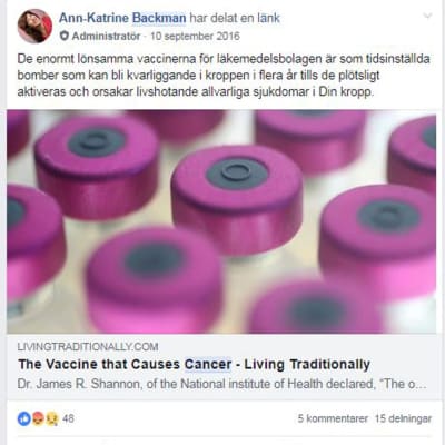 Ann-Katrine Backman delar en artikel som hävdar att vaccin förorsakar cancer. 