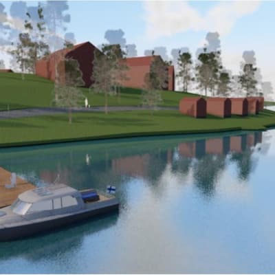 Ritad karta med båt vid brygga och hus i bakgrunden, så som man föreställer sig Furumalm i Bromarv i framtiden.