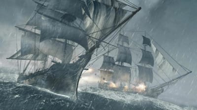 Två skepp i ett sjöslag, från spelet Assassins Creed - Black Flag