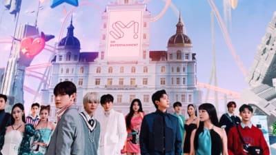SM Entertainmentin tilojen presentaatioseinä Seoulissa Etelä-Koreassa. Kuvassa k-pop-tähtiä.