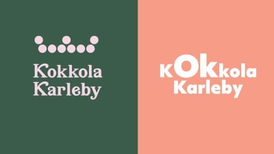 En grön ruta och en persikofärgad ruta bredvid varandra. I den gröna står detKokkola Karleby med en krona ovan på. På den persikofärgade står det bara Kokkola Karleby.
