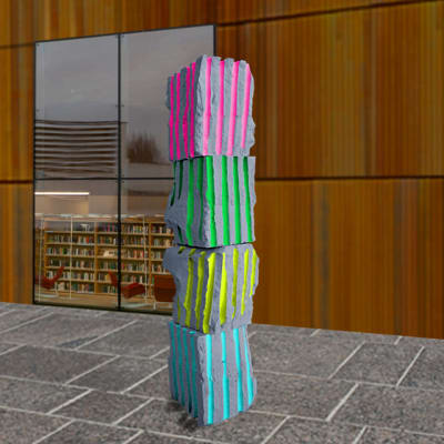 En skiss över en skulptur som består av fyra olika block som är radade på varandra. Blocken har olika färgers ränder.