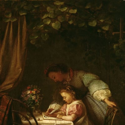 Ida Silfverbergin lukemaan opettelevaa lasta esittävä maalaus