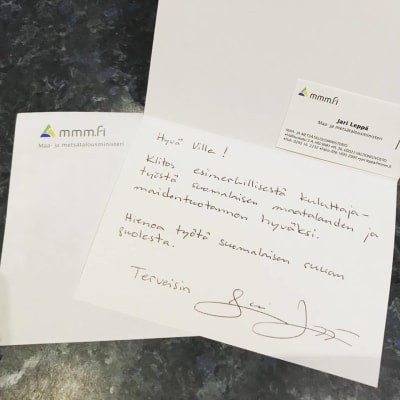 Maa- ja metsätalousministerin kiitoskirje viljelijälle