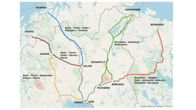 Karta över Ishavsbanans alternativa rutter i Sápmi.