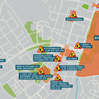 en grafisk karta över byggarbetsplatser i nickby centrum