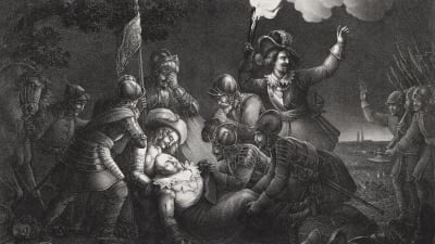 Kung Gustav II Adolf stupar på slagfältet vid Lützen 1632