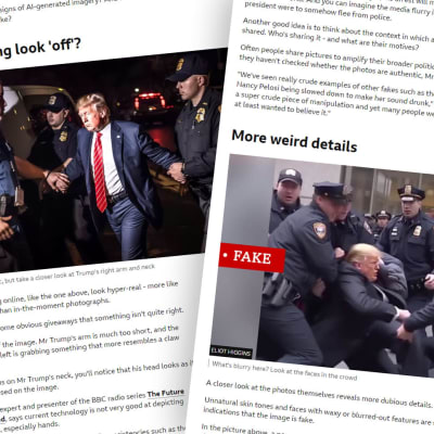 Kuvakaappaus BBC:n artikkelista, jossa käsitellään Donald Trumpin pidätyksestä tekoälyn avulla tehtyjä kuvamanipulaatioita.