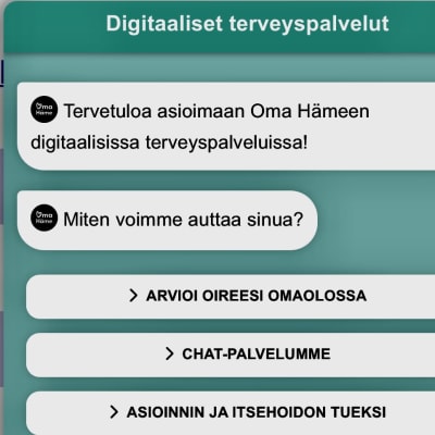 Kuvakaappaus Oma Hämeen nettisivuilta. Linkkejä chat-palveluun ja Omaoloon.