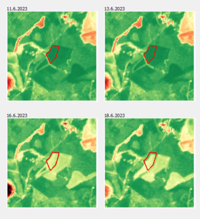 Fyra aningen otydliga satellitbilder med en röd markering som visar ett jordbruksskifte.