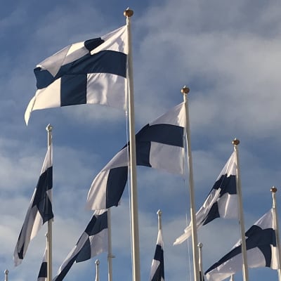 Hundra finska flaggor vajar mot en blå himmel på Salutorget i Helsingfors. 