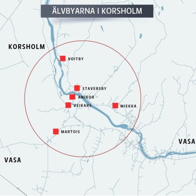 Karta över var älvbyarna Voitby, Staversby, Miekka, Anixor, Veikars och Martois finns i Korsholm.