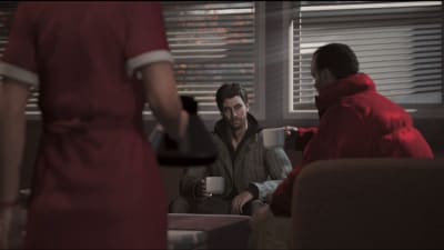 Kaksi miestä kahvikupit kädessään videopelissä. Tarjoilija tuo heille lisää kahvia.