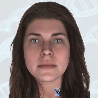 Vapaaehtoisen henkilön DNA-näytteestä mallinnettu kasvokuva ja henkilöstä otettu valokuva.