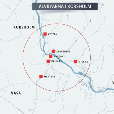 Karta över var älvbyarna Voitby, Staversby, Miekka, Anixor, Veikars och Martois finns i Korsholm.