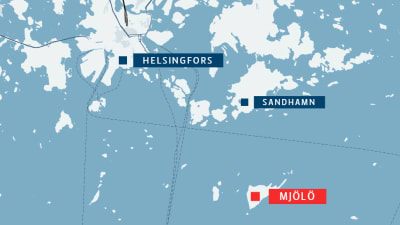 Karta över var Mjölö ligger, söder om Sandhamn i Helsingfors.