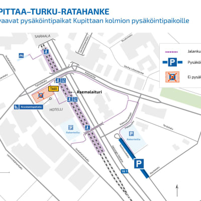 Karttakuva Turun Kupittaan juna-aseman ympäristöstä. Kartassa näkyy katuja ja juna-asema sekä junalaituri.