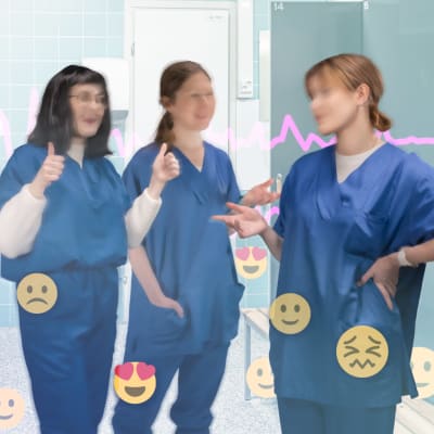 Kolme sairaanhoitajaa keskustelemassa pukuhuoneessa, taustalla audiogrammi ja hymiöitä