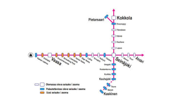 En tågrutt med ortsnamn på finska. 