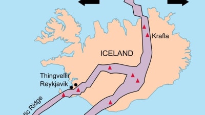 Karta över den mittatlantiska ryggen som delar Island itu.