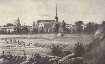 Vy över staden Vasa från nordost, före branden 1852. En litografi av Johan Knutson, 1840-tal.