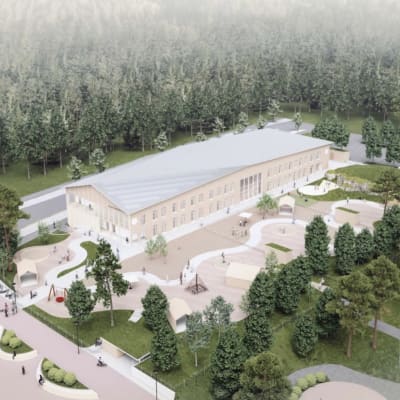 Vaalea kaksikerroksinen rakennus puiden ympäröimänä arkkitehtiluonnoksen ilmakuvassa.