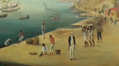 En målning som föreställer en hamn där slavar syns.