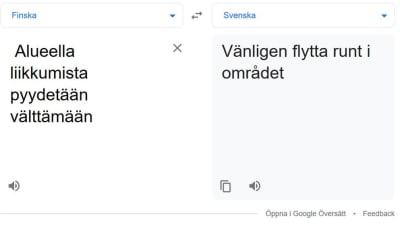 Googles översättning från finska till svenska av ett nödmeddelande. 