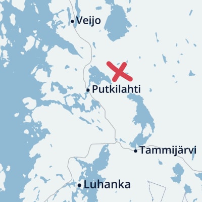 Karttaan on merkitty punainen rasti Jyväskylän Korpilahdelle, Putkilahden kylän Vatsan alueelle.