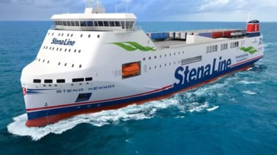 En 3D-modell av ett vitt lastfartyg med texten StenaLine.